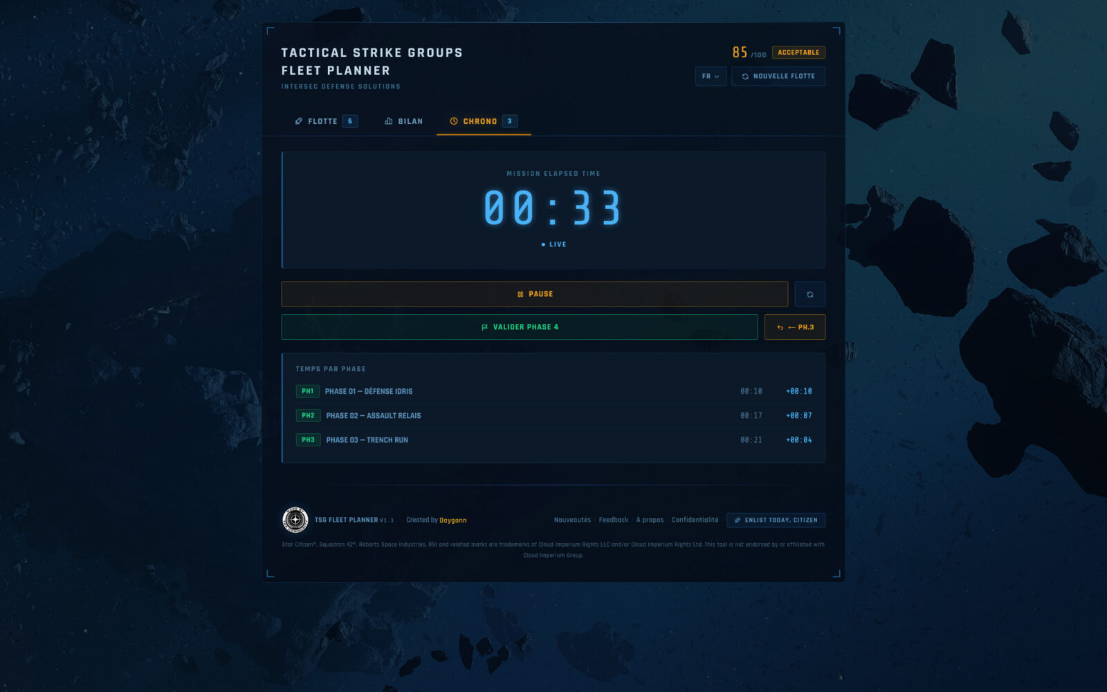 Onglet chrono de TSG Fleet Planner