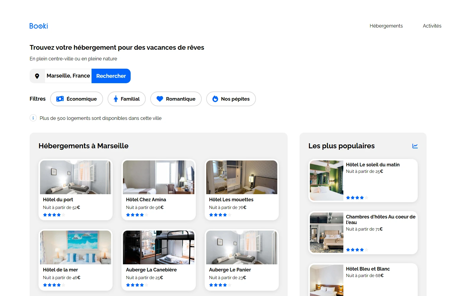 Header avec filtre et barre de recherche du site Booki