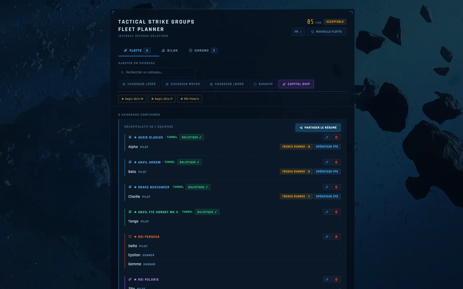 Sélection de vaisseaux de TSG Fleet Planner